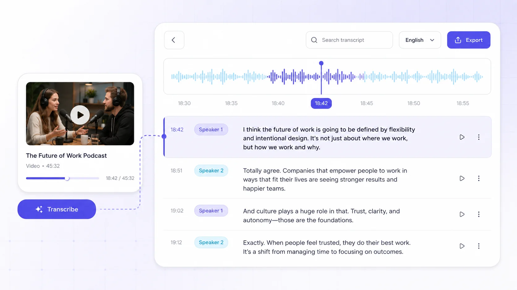 Podcast transcription tool showing a speaker-labeled, searchable transcript alongside the audio waveform