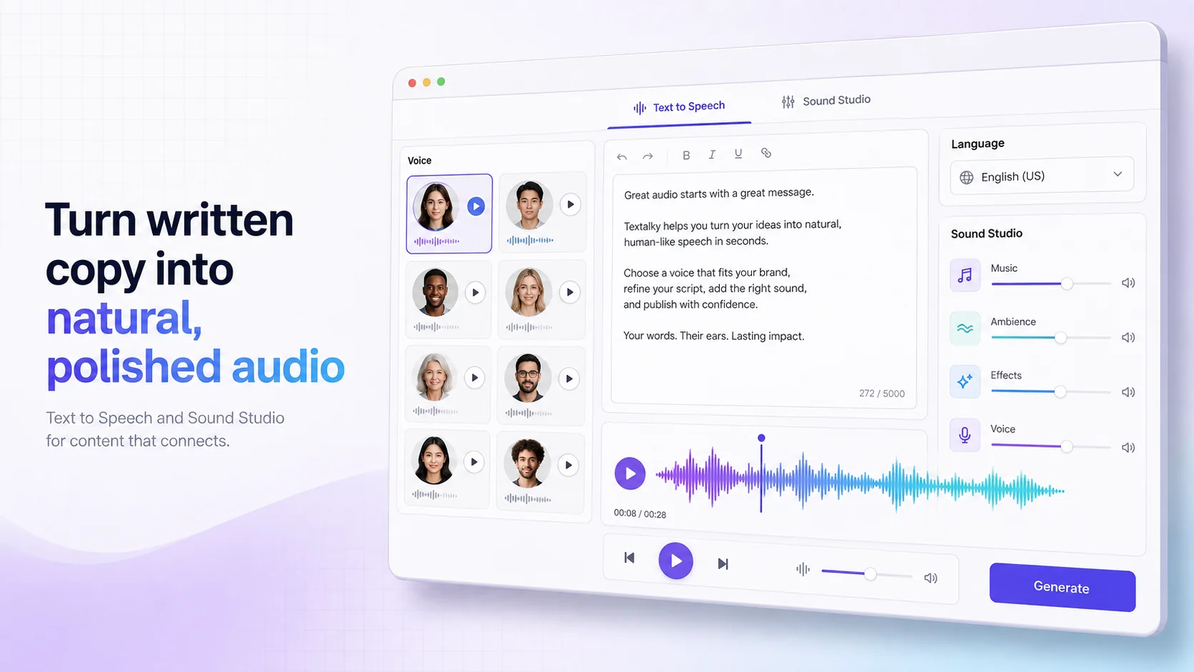 Textalky Text to Speech interface showing a voice selection grid, script editor, and audio waveform