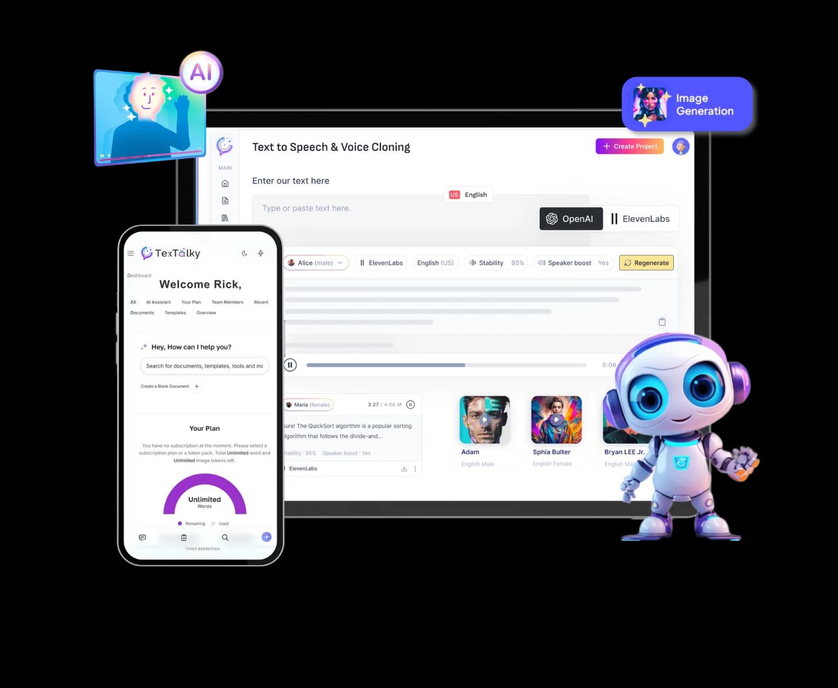 Textalky studio on desktop and mobile — text to speech and voice cloning, AI image generation, and an assistant, all in one workspace