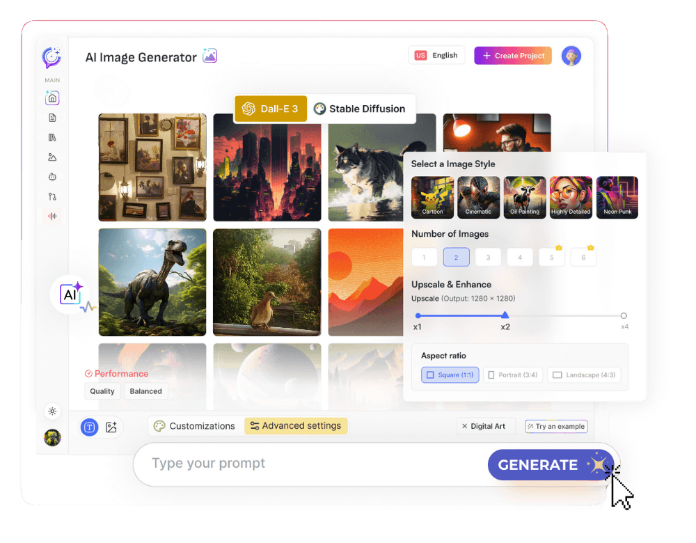 Textalky AI Image Generator interface with prompt bar and generated image grid