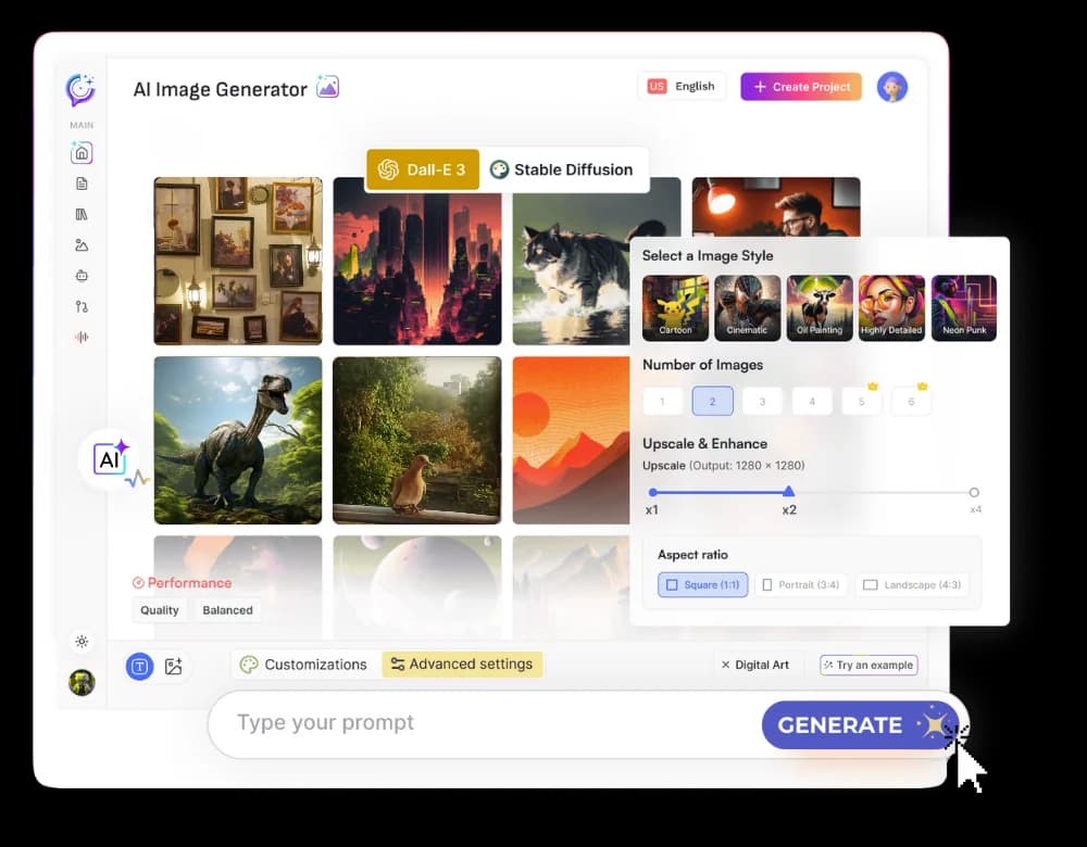 AI Image and AI Video generator interface showing a text prompt, four generated image variations, and a video preview panel